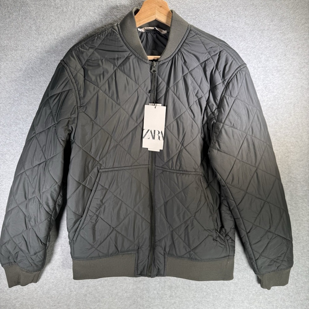 Zara Full Zip Quilted Bomber Jacket Womens Sz Medium Olive Gray Zip Pockets NWT